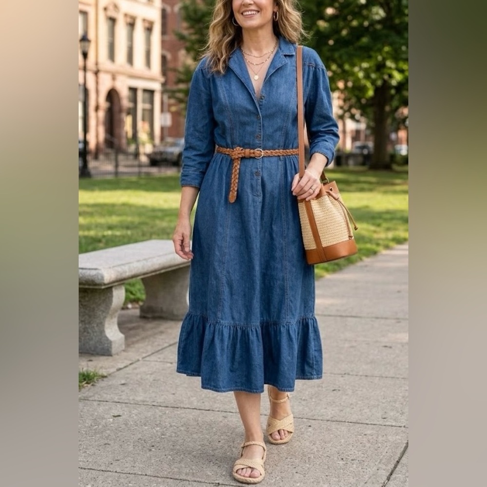 Jordache 80s Vintage Denim Prairie Dress Button Front Ruffle Hem Belted 15/16 - Picture 13 of 13
